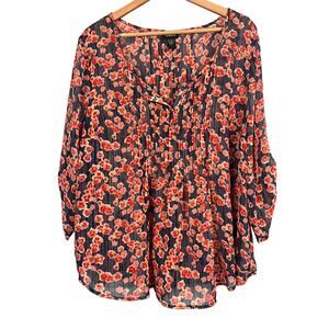 Torrid‎ Womens 1X Floral Pleated Peasant Boho Feminine Artsy Career Sheer Blouse